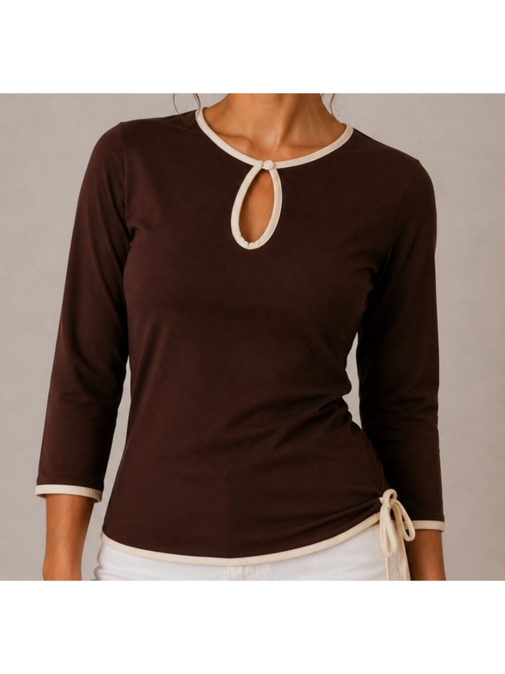 Vintage Brown 70s style top y2k keyhole Blouse Made USA ruched side retro mod-M